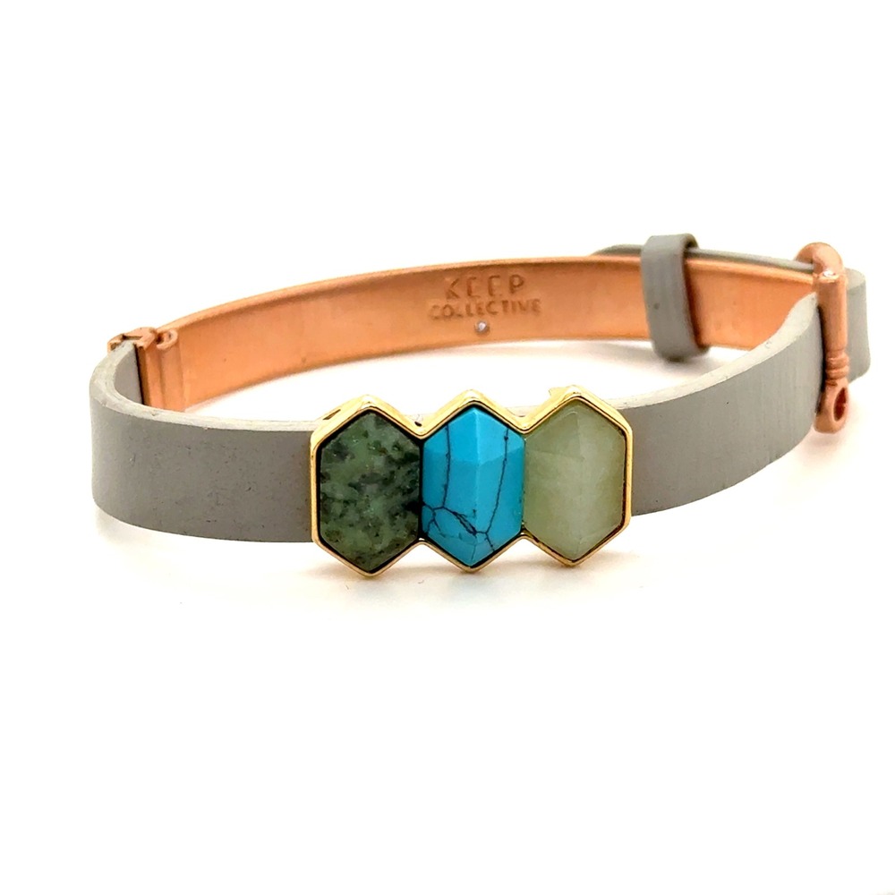 Keep Collective Rose Gold Grey Leather Bracelet Triple Hexagon Stone Charms